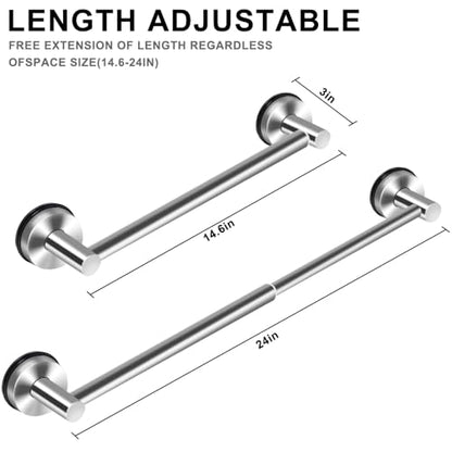 MGahyi Silver No Drill Adjustable Stainless Suction Cup Towel Bar | 14.6 ~ 24Inch Extendable Bath Shower Towel Holdere,Heavy Duty Towel Rack Suitable for Tile, Glass & Smooth Flat Surfaces - color: Silver