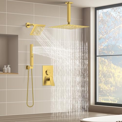 Gold Shower Faucet Set, Home Shower System with 3-Setting Push Button Diverter, 12" Ceiling Rain Shower Head & 6" Wall Mount Shower Head, 2-in-1 Handheld, Shower Valve Trim Kit - color: Brushed Gold