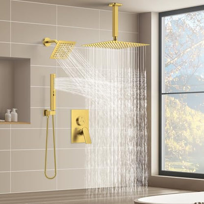 Gold Shower Faucet Set, Home Shower System with 3-Setting Push Button Diverter, 12" Ceiling Rain Shower Head & 6" Wall Mount Shower Head, 2-in-1 Handheld, Shower Valve Trim Kit - color: Brushed Gold