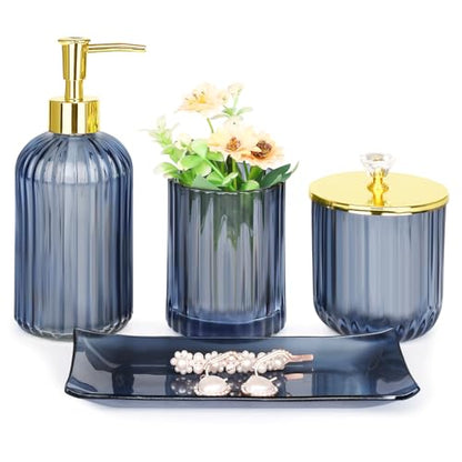 Haturi Bathroom Accessories Set, 4 Pcs Blue Glass Bathroom Accessories Sets Complete w/Lotion Soap Dispenser, Toothbrush Holder, Apothecary Jar, Vanity Tray, Bathroom Decor, Gift for Home Apartment - style: Blue