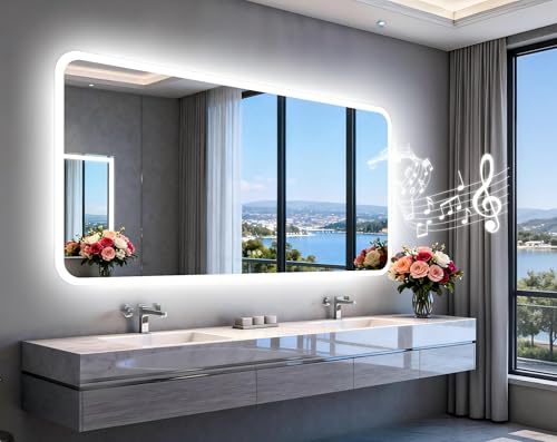 LUVODI Rectangular LED Bathroom Mirror: Smart Vanity Mirror 31.5x63 inch | Bluetooth Speakers Front-Lit Defogger Stepless Dimming 3 Color Lights Adjustable for Luxury Home Mirrored Decor Wall-Mounted - color: Rectangular-silver, size: 31.5"L x 63"W