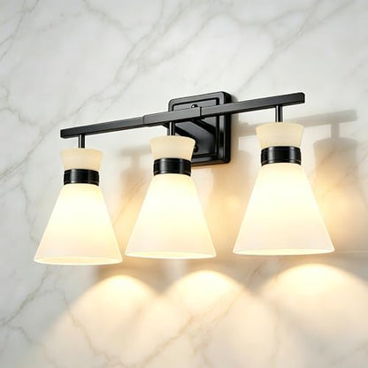 Matte Black Bathroom Vanity Lights, 3-Light Bathroom Light fixtures Over Mirror, Modern Vanity Lighting Fixtures with Frosted Glass Shades E26 Base,Wall Mount Scones for Mirror (Bulbs Not Included) - color: Black