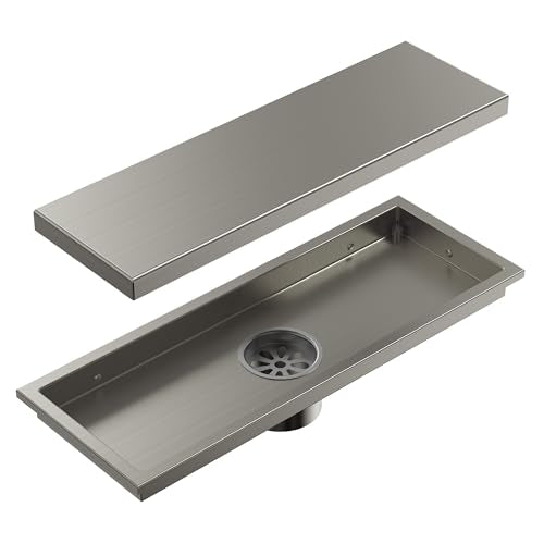 12-Inch Linear Shower Drain, Brushed Nickel SUS304 Stainless Steel with 2-in-1 Tile Insert Cover & Flat Grate, High Flow Floor Drainer with Hair Strainer, Adjustable Feet - color: Brushed Nickel, size: 12
