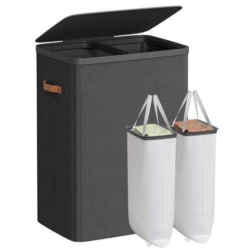 SONGMICS Laundry Basket, 44.9 Gal. Laundry Hamper, 2 Compartments, Easy Assembly, with Lid and Handles, Removable Liners, 22 x 15.7 x 29.5 Inches, Ink Black ULCB813B01 - color: Ink Black, size: 170 L (2-Section)