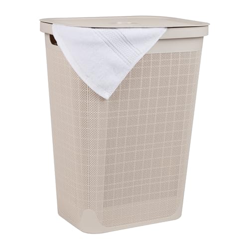 Mind Reader 60L Slim Laundry Hamper, Clothes Basket, Lid, Linen Design, Plastic, Ivory - color: Ivory