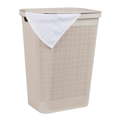Mind Reader 60L Slim Laundry Hamper, Clothes Basket, Lid, Linen Design, Plastic, Ivory - color: Ivory