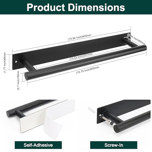 Self Adhesive Towel Bar, 16 Inch Round Towel Racks for Bathroom Wall Mounted SUS304 Stainless Steel Towel Hanger for Kitchen, No Drill or Screw-Mounted Towel Holder (Matte Black) - color: Matte Black