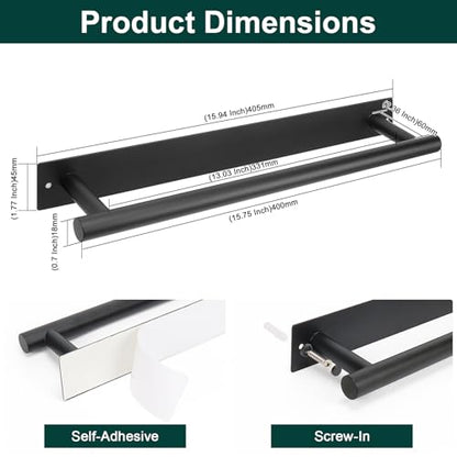 Self Adhesive Towel Bar, 16 Inch Round Towel Racks for Bathroom Wall Mounted SUS304 Stainless Steel Towel Hanger for Kitchen, No Drill or Screw-Mounted Towel Holder (Matte Black) - color: Matte Black