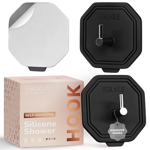 SILKLE Silicone Shower Hooks for Inside Shower, 2-Pack Adhesive Towel Hooks | Adhesive Shower Hooks, No Drill - Razor & Loofah Holders for Shower Wall, Heavy-Duty, Waterproof, Damage-Free - Black - color: Black