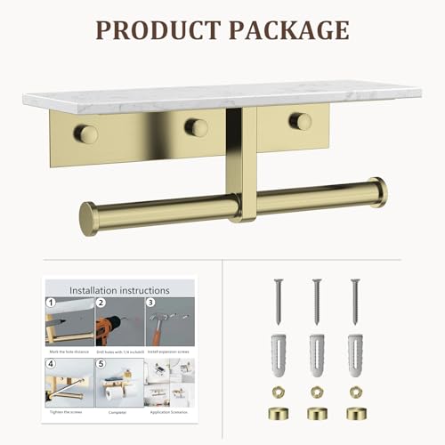BWE Double Toilet Paper Holder with Shelf Wall Mounted Tissue Roll Holder | Commercial Toilet Paper Dispenser for Bathroom Marble Toilet Paper Storage Holder with Phone Shelf (Brushed Gold) - color: Double Brushed Gold