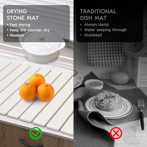Large Stone Dish Drying Mat for Kitchen Counter, 24"(L)×16"(W) Fast Dry Super Absorbent Collapsible Dish Drying Mats, Eco-Friendly Diatomaceous Earth Mats for Dishes Bottles Cups,Match Any Countertop - size: 24" x 16"