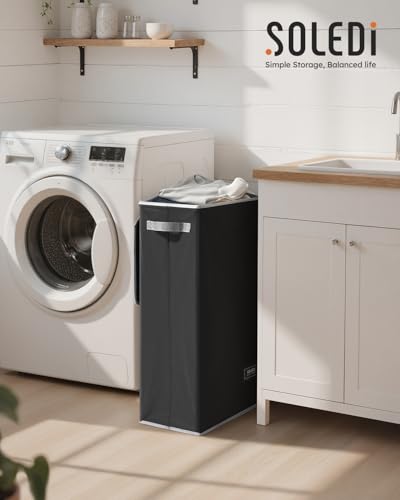 SOLEDI Slim Laundry Hamper with Lid, Narrow Laundry Basket with Removable Bags, Dirty Clothes Hamper with handle, Small Hamper perfect for Laundry room, Bathroom, Bedroom, Small spaces. 70L Black - color: Black, size: 70L