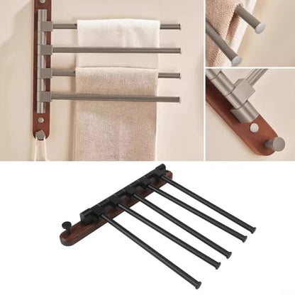 Wood Swivel Towel Rack Wall Mounted, 2-5 Arm Rotating Towel Bar Holder for Bathroom Kitchen, Rustproof Aluminum Alloy and Wood Towel Hanger Organizer(4) - size: 4