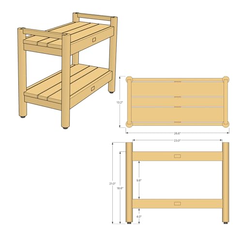 Asta Select Solid Teak 26" Shower Bench with Arms, Portable Teak Wood Spa/Shower/Outdoor Bench with Storage Shelf, Accent Side Table, Fully Assembled, ST-62A