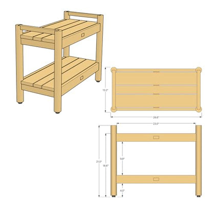 Asta Select Solid Teak 26" Shower Bench with Arms, Portable Teak Wood Spa/Shower/Outdoor Bench with Storage Shelf, Accent Side Table, Fully Assembled, ST-62A