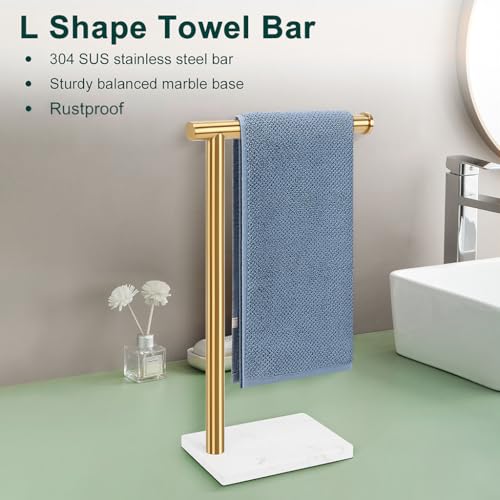 Hand Towel Holder, Hand Towel Stand for Bathroom with Marble Base, 304 Stainless Steel L Shape Hand Towel Rack Bar Standing for Vanity Kitchen Countertop, Brushed Gold - color: Gold