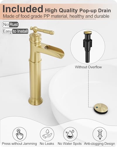 Gold Vessel Sink Faucet, Brass Waterfall Tall Faucet for Bathroom Sink 1 Hole with Single Handle, Pop-up Drain & cUPC Water Hoses for Antique Bowl Basin Save Water - color: Brushed Gold - Elegant