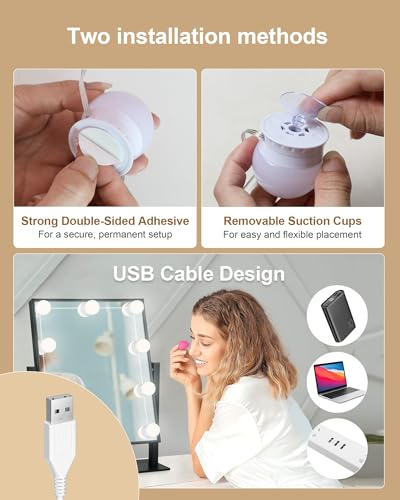 14 Bulbs LED Vanity Lights for Mirror, 3000K 4000K 6500K & 10-Brightness, Wire Length Adjustable, USB Cable, Hollywood Mirror Lights for Makeup Dressing Room Bathroom, White - size: 14 Dimmable Bulbs