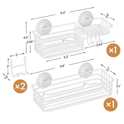 Shower Caddy Suction Cup, 2 Pack Shelves for Inside with Hooks | White Shower Basket, Rustproof Meatl Bathroom Holder, Soap Holder, NO-Drilling Bathroom Organizer - color: 2 X White Basket