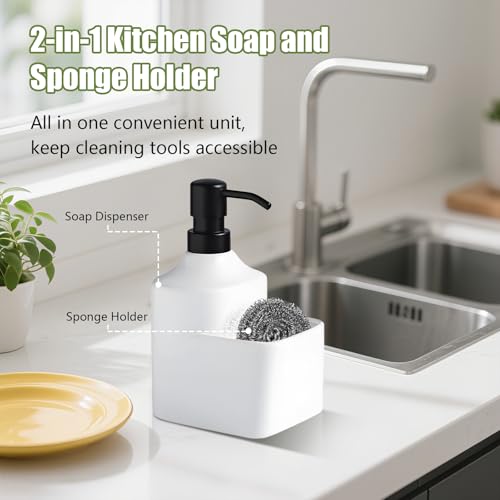 Gets Soap Dispenser White Ceramic Pump Bottle with Storage Holder | Countertop Liquid Hand Wash Bottle with Organizer Tray for Bathroom, Kitchen, Refillable Modern Dispenser for Vanity Sink - size: White With Sponge Holder