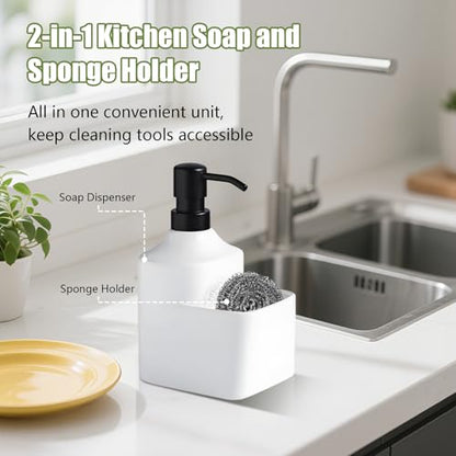 Gets Soap Dispenser White Ceramic Pump Bottle with Storage Holder | Countertop Liquid Hand Wash Bottle with Organizer Tray for Bathroom, Kitchen, Refillable Modern Dispenser for Vanity Sink - size: White With Sponge Holder