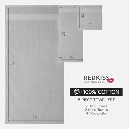 REDKISS 8 Piece Grey Towels Set - 100% Cotton Towels Set with 2 Large Bath Towels, 2 Hand, 4 Washcloths, 600 GSM Highly Absorbent Bath Towel Sets, Gray Quick Dry Shower Towel for Family Gym - color: Gray