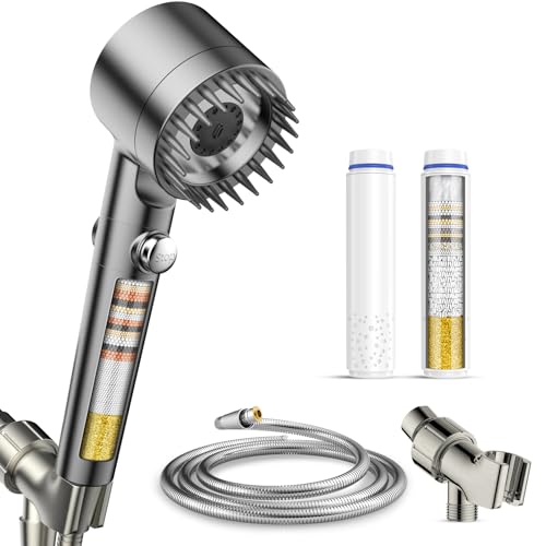 Filtered Shower Head with Handheld,2 Filters,High Pressure Shower Heads | ON/OFF Switch,4 Spray,Built-in Power Wash,Detachable Showerhead,Silicone Massage Brush,Remove Chlorine,Water Softener
