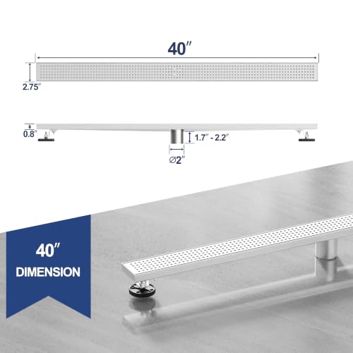 Neodrain 40" Linear Shower Drain, Brushed 304 SS Bathroom Linear Drain,cUPC | Brushed Nickel Shower Drain with Quadrato Grate& Adjustable Feet, Long Rectangle Shower Floor Drain in Bathroom, Balcony etc - color: Brushed Nickel, size: 40 In