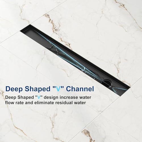 Neodrain 24In Offset Linear Shower Drain w/Tile Insert Grate Cover, Black | 304 Stainless Steel Rectangle Side Outlet Shower Floor Drain, Adjustable Leveling Foot, Hair Strainer/Catcher - color: Matte Black-tile Insert Cover, size: 24 IN