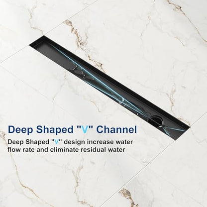 Neodrain 24In Offset Linear Shower Drain w/Tile Insert Grate Cover, Black | 304 Stainless Steel Rectangle Side Outlet Shower Floor Drain, Adjustable Leveling Foot, Hair Strainer/Catcher - color: Matte Black-tile Insert Cover, size: 24 IN