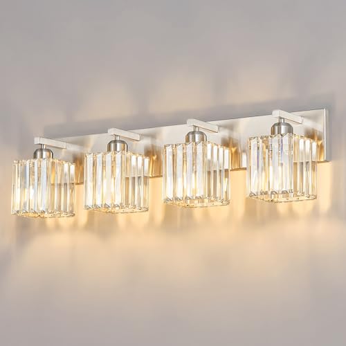 Modern Vanity Light 4-Lights Brushed Nickel Vanity Light Crystal Bathroom Wall Light Bathroom Light Fixtures - color: Nickel Straight, size: 4-light