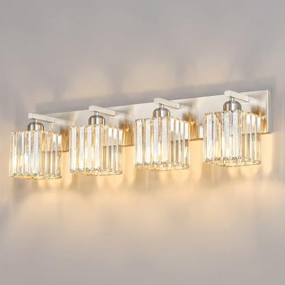 Modern Vanity Light 4-Lights Brushed Nickel Vanity Light Crystal Bathroom Wall Light Bathroom Light Fixtures - color: Nickel Straight, size: 4-light