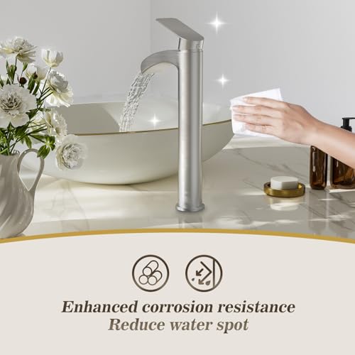 Phiestina Brushed Nickel Tall Bathroom Vessel Sink Faucet 2 Pack, Single Hole Single Handle Waterfall Above Countertop Sink Bathroom Faucet, with Pop Up Drain and Water Supply Line, NS-SF01-V-BN-2pack - color: Brushed Nickel, style: 2 pack