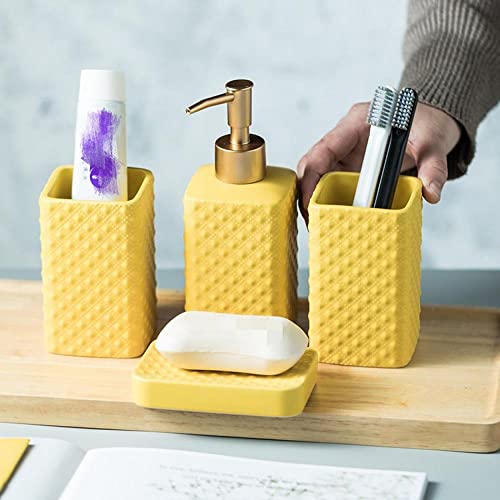 Bathroom Accessories Set Ceramic Soap Dispenser Toothbrush Holder Bathroom Tumbler Soap Dish Bathroom Decor Vibrant Modern Bathroom Set (Yellow 4-Piece Suit) | Includes Soap Dispenser, Toothbrush Holder, Tumbler and Soap Dish, Vibrant Modern Design, for K