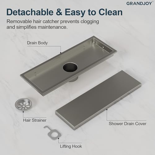 12-Inch Linear Shower Drain, Brushed Nickel SUS304 Stainless Steel with 2-in-1 Tile Insert Cover & Flat Grate, High Flow Floor Drainer with Hair Strainer, Adjustable Feet - color: Brushed Nickel, size: 12