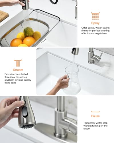 Pull-Down Kitchen Faucet, Brushed Nickel | 304 Stainless Steel,10-Min DIY Install,23-Inch Pull-Down Hose,2-Function Spray,360° Swivel Spout - color: Brushed Nickel, size: 15.2 Inches