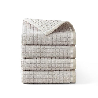 Town & Country Everyday 4-Piece Textured Windowpane Hand Towel Set, 20x30-Inch, 100% Cotton, Plush & Absorbent 550GSM, Beige - color: Beige