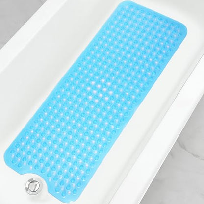 Bathtub and Shower Mats, 40x16 Inch Extra Large Non Slip Soft Bath Tub Mat with Suction Cups and Drain Holes for Bathroom Floor, Machine Washable, Clear Blue - color: Clear Blue