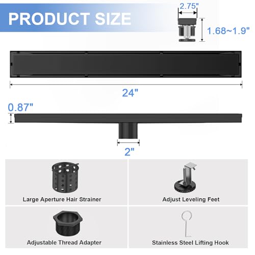 24 Inch Linear Shower Drain-Matte Black, with Tile Insert Grate | AISI 304 Stainless Steel Shower Drain, Rectangle Shower Floor Drain with Leveling Feet, Fits Bathroom & Balcony etc - color: Matte Black, size: 24 Inch