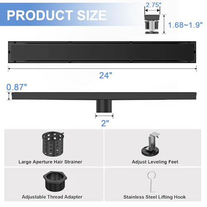 24 Inch Linear Shower Drain-Matte Black, with Tile Insert Grate | AISI 304 Stainless Steel Shower Drain, Rectangle Shower Floor Drain with Leveling Feet, Fits Bathroom & Balcony etc - color: Matte Black, size: 24 Inch