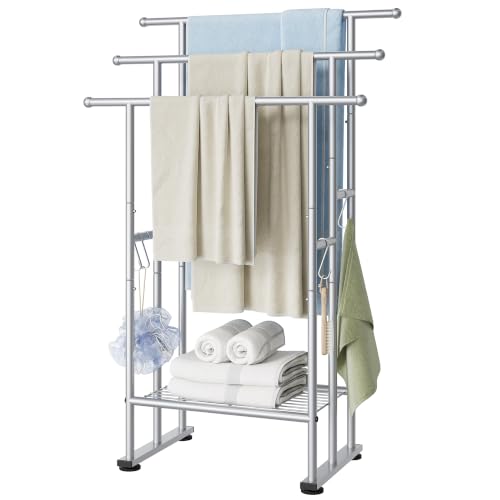 ELYKEN 3 Tier Freestanding Towel Rack with Shelf, 40" H Towel Stand, Silver | Metal Drying Rack for Oversized Bath Towels & Blankets, 4 Hooks, Indoor & Outdoor Use, Fits Bathroom, Tub, Shower, Poolside - color: Silver