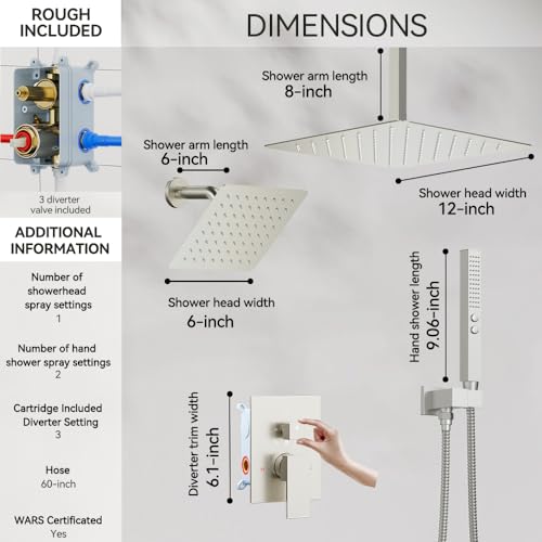 STARBATH Shower Faucet Set Shower System with Diverter Valve Brushed Nickel | 12 Inch Ceiling Mount Rain Shower Head, 6 Inch Wall Mount Rainfall Shower Head and 2-in-1 Handheld Spray for Two Person - color: Brushed Nickel, size: 12"+6"-03