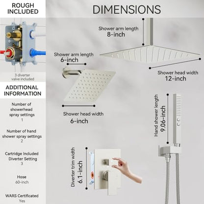 STARBATH Shower Faucet Set Shower System with Diverter Valve Brushed Nickel | 12 Inch Ceiling Mount Rain Shower Head, 6 Inch Wall Mount Rainfall Shower Head and 2-in-1 Handheld Spray for Two Person - color: Brushed Nickel, size: 12"+6"-03
