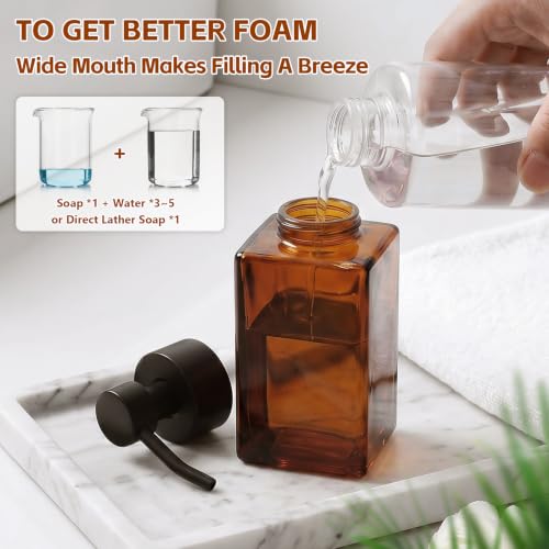 Foaming Hand Soap Dispenser, 12oz/350ml Glass Foaming Soap Dispenser, 2Pcs Foaming Soap Dispenser, Waterproof Labels, for Bathroom & Kitchen, Amber