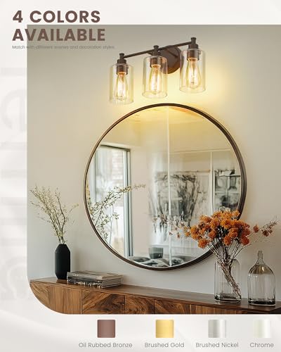 FEMILA 3-Light Vanity Light,Farmhouse Bathroom Light Fixtures,Metal Wall Sconce with Clear Glass Shade,Oil Rubbed Bronze Finish,4FYC56B-3W ORB - color: Oil-Rubbed Bronze, size: 17.3"