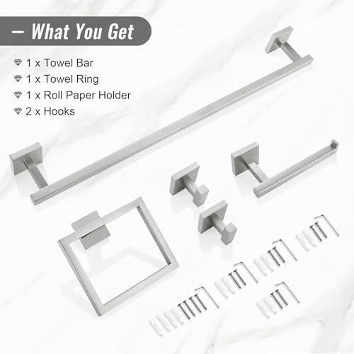 YACVCL Towel Bar Set, 5 Pieces Bathroom Hardware Set Brushed Nickel Bathroom Accessories, SUS304 Stainless Steel Towel Racks Holder Set Wall Mounted 23.6 Inch - color: Brushed Nickel, size: 5 Pieces