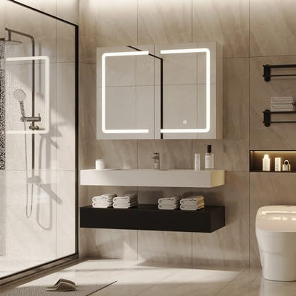 DICTAC Medicine Cabinet with Mirrors and Storage 31.5''x23.6'' Wall Mounted Bathroom Mirror Cabinets with Led Lights Double Doors Mirror Lighted Medicine Cabinets with Adjustable Storage Shelf,White - size: 31.5x23.62 inch
