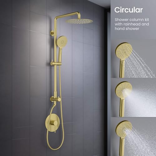 KIBI Circular Wall Mounted Rain Shower Column | 2-Function Shower Faucet System with Rough-In Valve | Solid Brass Construction for Reliable Water Flow and Temperature Control (Brushed Gold, KSC403) - color: Brushed Gold