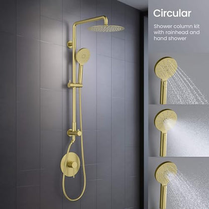 KIBI Circular Wall Mounted Rain Shower Column | 2-Function Shower Faucet System with Rough-In Valve | Solid Brass Construction for Reliable Water Flow and Temperature Control (Brushed Gold, KSC403) - color: Brushed Gold