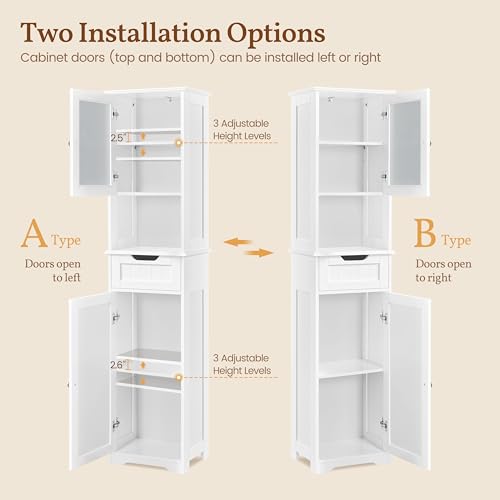 Yaheetech Tall Slim Bathroom Storage Cabinet with Frosted Glass Door, White | Narrow Floor Cabinet for Tight Spots, Reversible Doors, Adjustable Shelves and Drawer for Towel and Linen Storage, MDF Build - style: 2 Doors + 1 Drawer